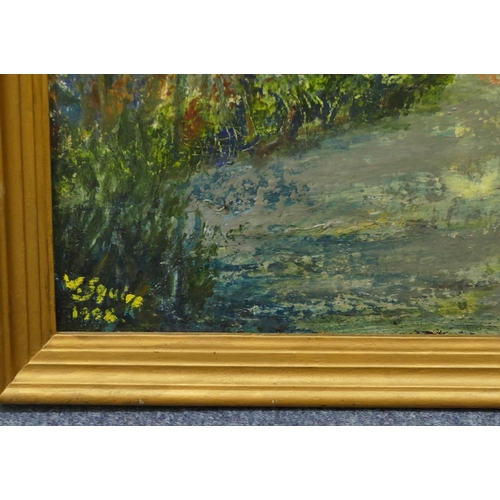 4130 - A framed oil on canvas of a person walking in wood, framed, 38 x 47cm.