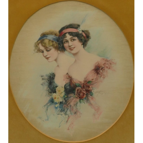 4131 - A framed coloured print of 2 ladies, in oval mount, 22 x 27cm.