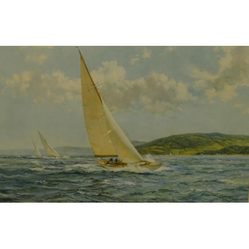 4134 - A watercolour in wood frame depicting sailing boats and coastline, 74 x 48cm.