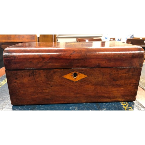 4113 - A 19th Century walnut rectangular shaped box with inlaid marquetry hinged top (tray missing to inter... 