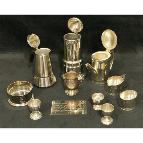 5042 - A Maison de Famille 3-piece oval plated tea service, a plated Christening mug, 3 egg cups, coaste an... 
