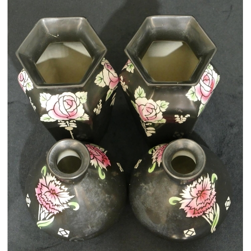 101 - A pair of Shelley hexagonal bulbous thin necked trumpet shaped vases on black ground with coloured  ... 