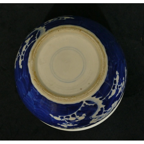 104 - A Chinese blue and white small round bulbous shaped jardiniere with branch and blossom decoration, 1... 