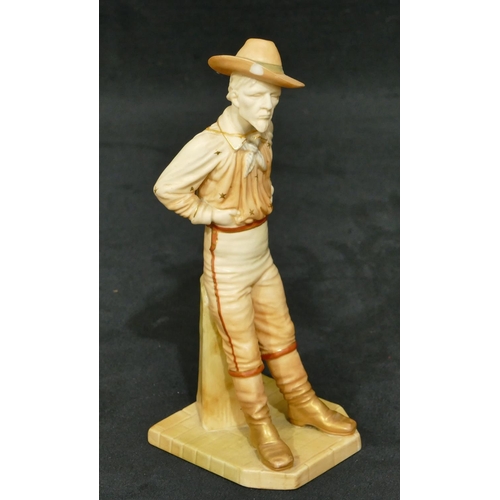 110 - A Royal Worcester figure of a standing gentleman leaning against a post, on blush ground (chip to ri... 