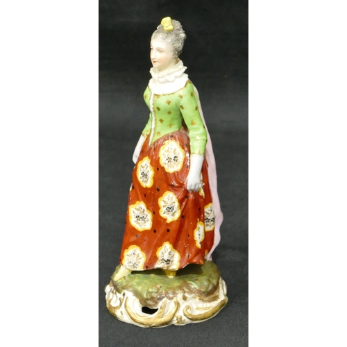 13 - A Derby figurine of a standing lady (base, cape and hands restored) 17.5cm high.