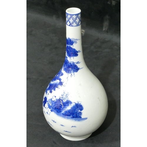 48 - An Oriental bulbous thin necked vase on blue and white ground depicting figure and children decorati... 