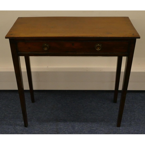 630 - A 19th Century mahogany side table with 1 long drawer, on square tapering legs, 74cm wide, 34.5cm de... 