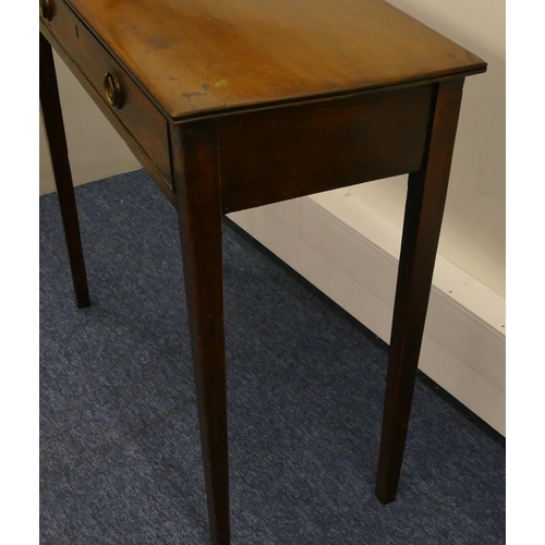 630 - A 19th Century mahogany side table with 1 long drawer, on square tapering legs, 74cm wide, 34.5cm de... 