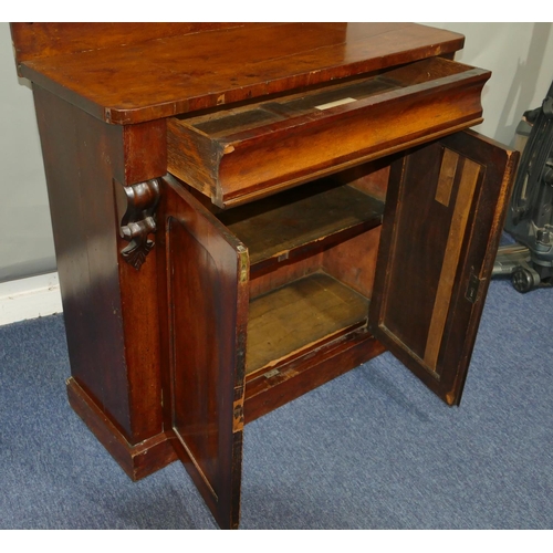 638 - A 19th Century mahogany chiffonier with shelf back, raised leaf and scroll decoration, single drawer... 