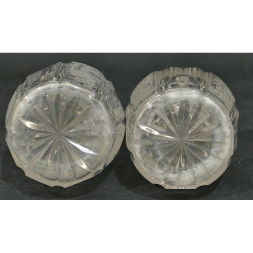 66 - A pair of cut glass round bulbous thin necked decanters with stoppers with engraved grape and vine d... 