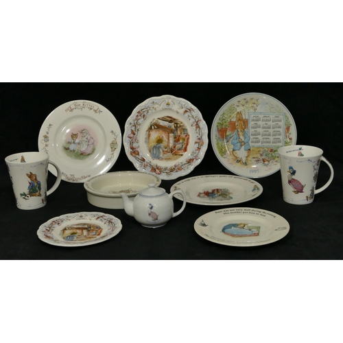 74 - A Wedgwood Peter Rabbit child's bowl, 3 Peter Rabbit plates, 2 similar mugs, 3 Beatrix Potter and Br... 