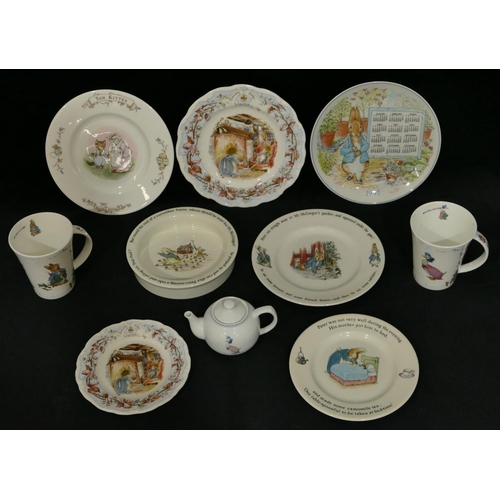 74 - A Wedgwood Peter Rabbit child's bowl, 3 Peter Rabbit plates, 2 similar mugs, 3 Beatrix Potter and Br... 