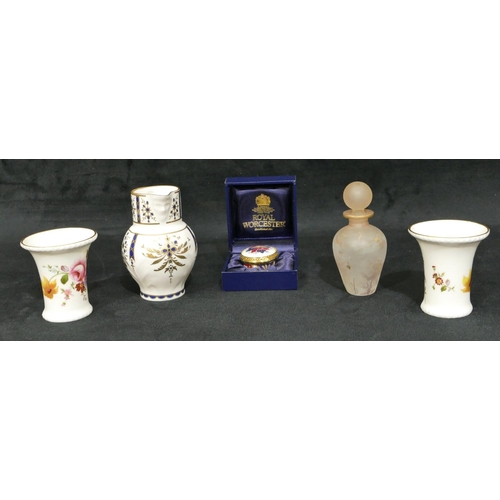 75 - A pair of Royal Crown Derby miniature round trumpet shaped vases 