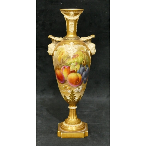 78 - A Royal Worcester round bulbous 2-handled thin necked trumpet shaped vase with hand painted fruit de... 