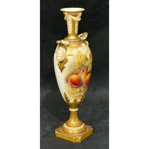 78 - A Royal Worcester round bulbous 2-handled thin necked trumpet shaped vase with hand painted fruit de... 