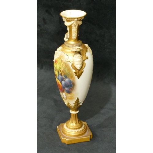 78 - A Royal Worcester round bulbous 2-handled thin necked trumpet shaped vase with hand painted fruit de... 