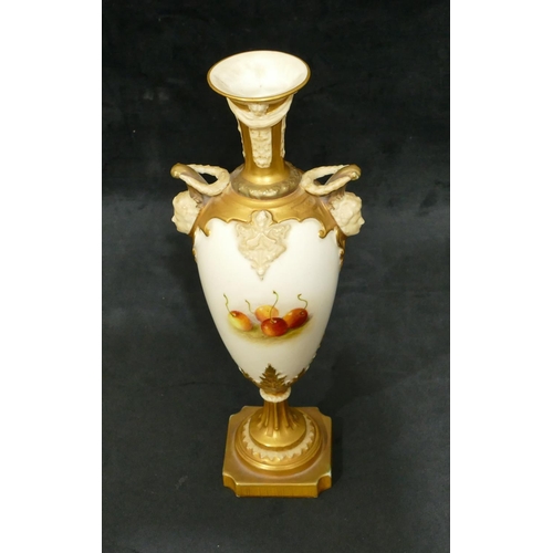 78 - A Royal Worcester round bulbous 2-handled thin necked trumpet shaped vase with hand painted fruit de... 