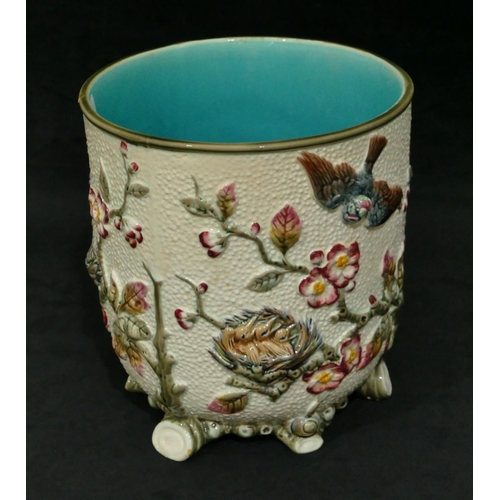 89 - A Wedgwood round bulbous jardiniere with raised multi-coloured bird, nest, branch, floral and leaf d... 