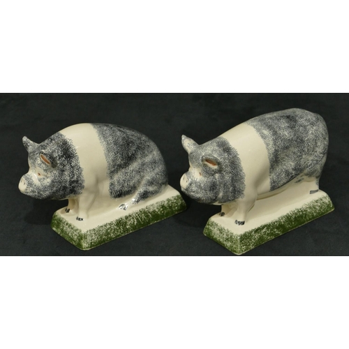 92 - A pair of Rye Pottery figures of pigs on rectangular shaped bases, 16cm long, 11cm high.