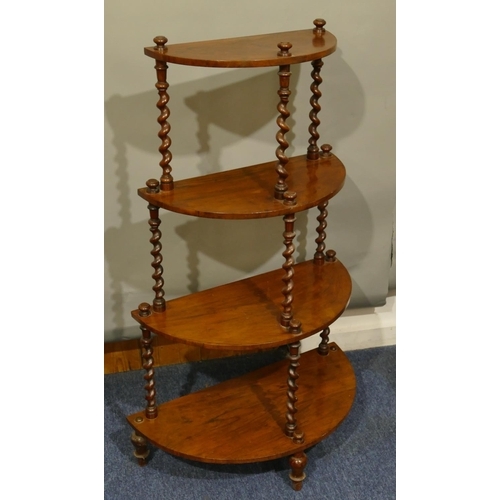 635 - A Victorian burr walnut half round 4-tier whatnot on barley twist supports, turned legs, 69cm wide, ... 