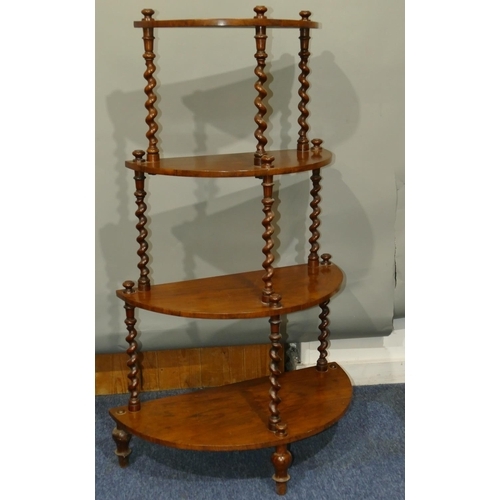 635 - A Victorian burr walnut half round 4-tier whatnot on barley twist supports, turned legs, 69cm wide, ... 