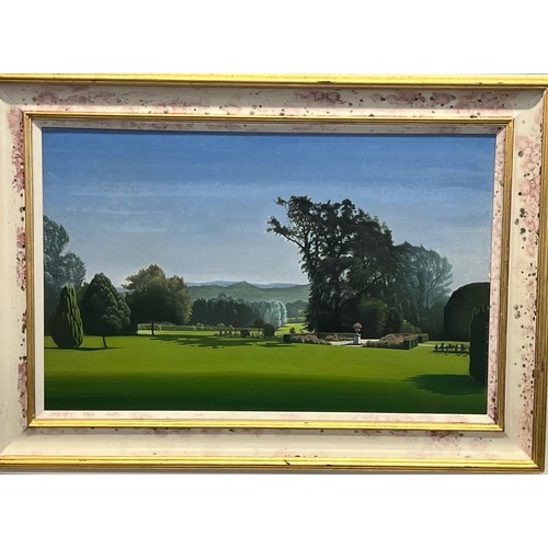 5067 - Buchel, oil on board, garden scene with trees and hills in background, signed, in white and gilt fra... 