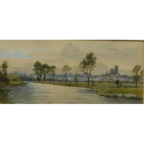 5070 - R. Fisso watercolour depicting river landscape with cathedral and town in background, 10cm x 22.5cm,... 