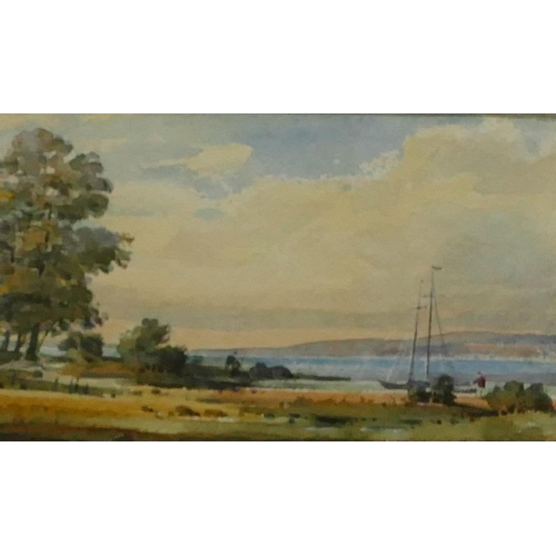 5070 - R. Fisso watercolour depicting river landscape with cathedral and town in background, 10cm x 22.5cm,... 