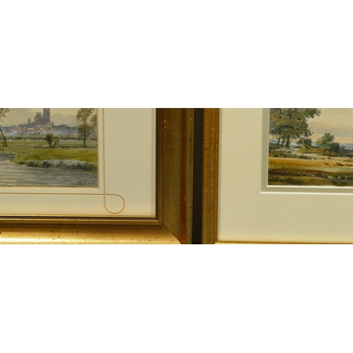 5070 - R. Fisso watercolour depicting river landscape with cathedral and town in background, 10cm x 22.5cm,... 