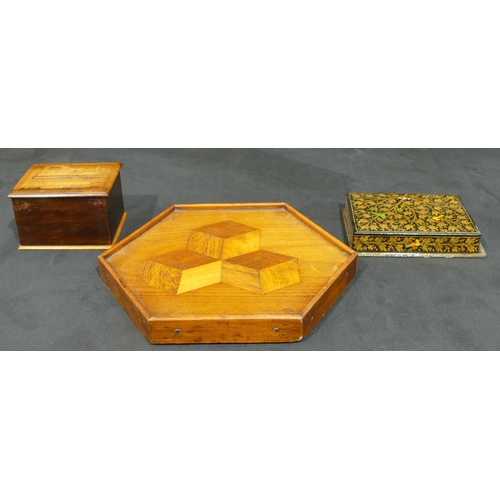 5073 - A walnut rectangular shaped box with marquetry figure, cart and cattle decoration, inscribed Madeira... 