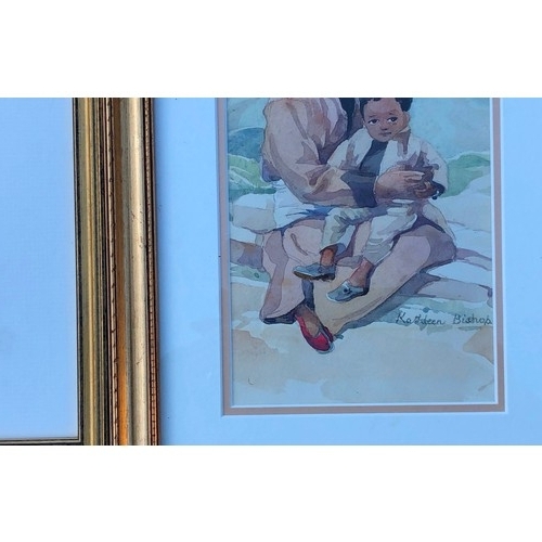 5074 - Kathleen Bishop watercolour depicting 2 seated children, signed and in gilt frame, 21 x 12.5cm and a... 