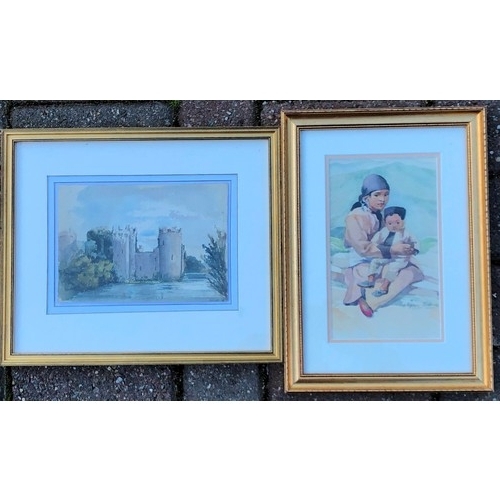 5074 - Kathleen Bishop watercolour depicting 2 seated children, signed and in gilt frame, 21 x 12.5cm and a... 