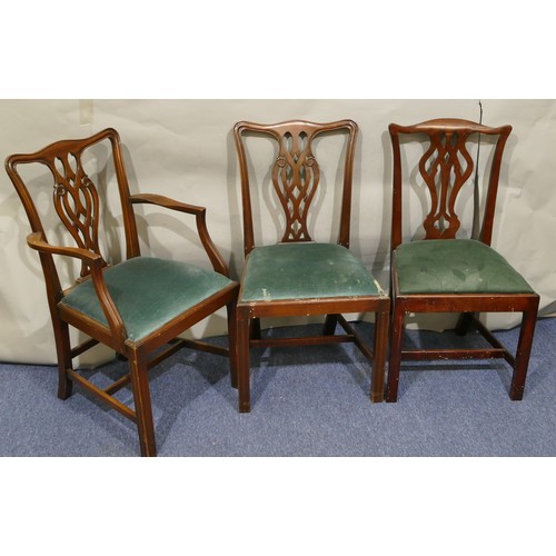 5088 - A set of 6 reproduction mahogany Chippendale style dining chairs with pierced splat backs, turquoise... 