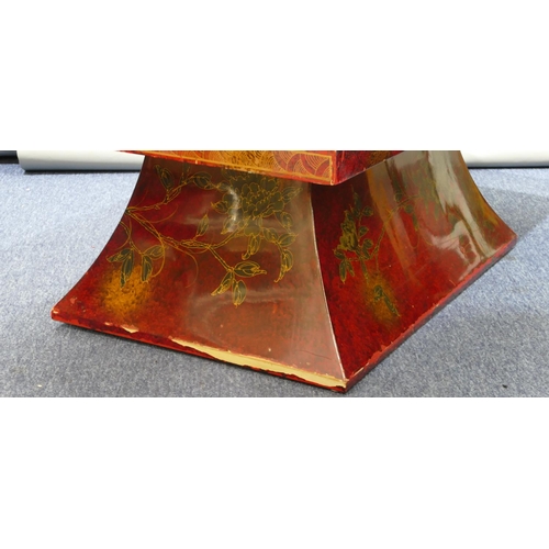 5091 - A modern Oriental red lacquered rectangular shaped coffee table with allover bird, floral, leaf and ... 