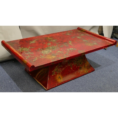 5091 - A modern Oriental red lacquered rectangular shaped coffee table with allover bird, floral, leaf and ... 