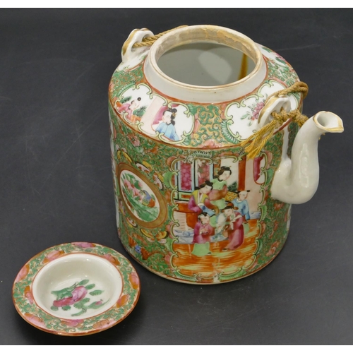 92 - A 19th Century Oriental Cantonese cylindrical teapot with cover on white and green ground with multi... 