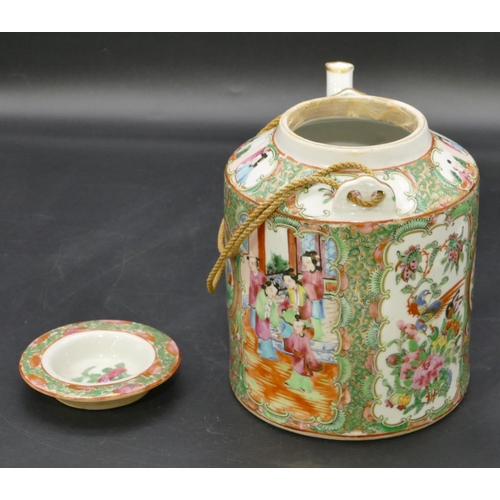 92 - A 19th Century Oriental Cantonese cylindrical teapot with cover on white and green ground with multi... 