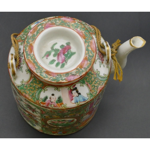 92 - A 19th Century Oriental Cantonese cylindrical teapot with cover on white and green ground with multi... 