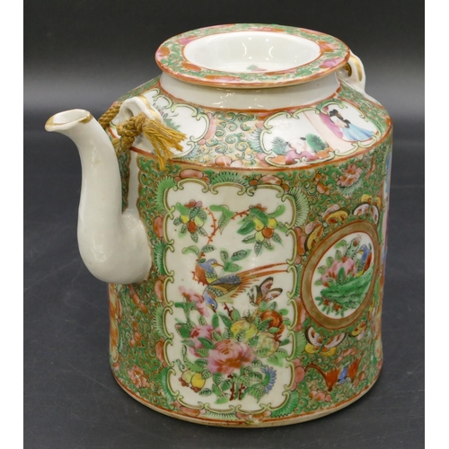 92 - A 19th Century Oriental Cantonese cylindrical teapot with cover on white and green ground with multi... 