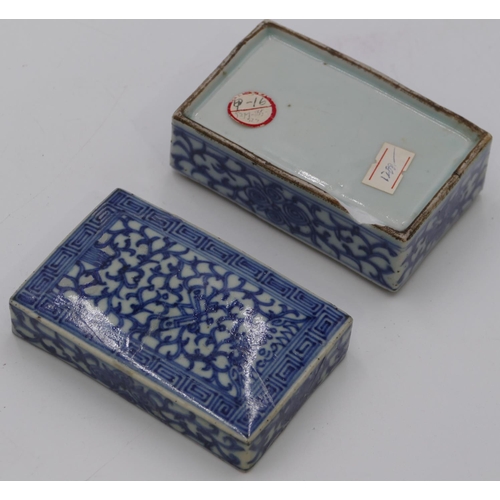 96 - An 18/19th Century Chinese rectangular shaped box on blue and white ground with key pattern and scro... 