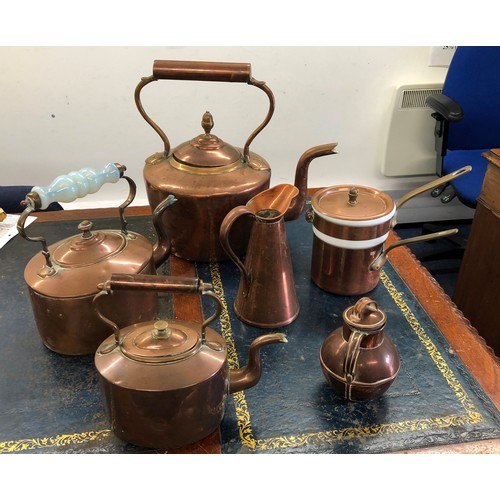 6074 - 3 copper teapots and 3 other copper items. (6)