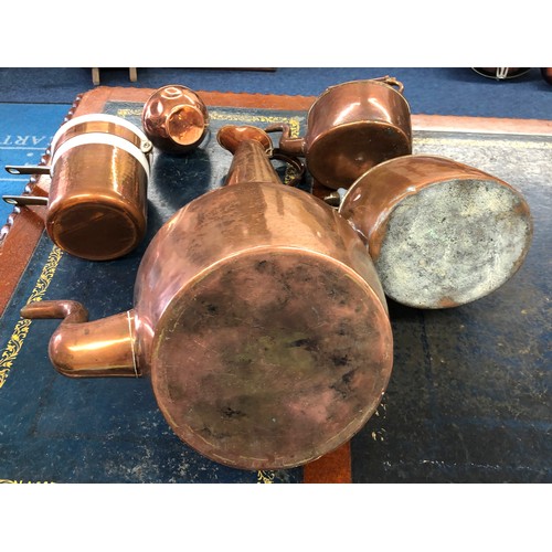 6074 - 3 copper teapots and 3 other copper items. (6)