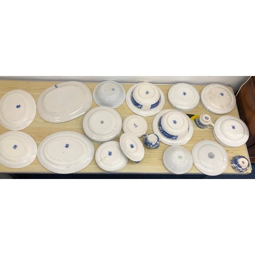 6072 - A quantity of blue and white china, including Willow Pattern etc, 4 serving plates, 2 lidded tureens... 