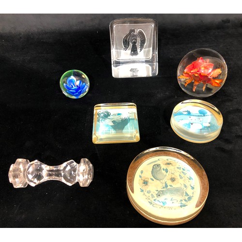 6080 - 6 various paperweights and a glass knife stand. (7)