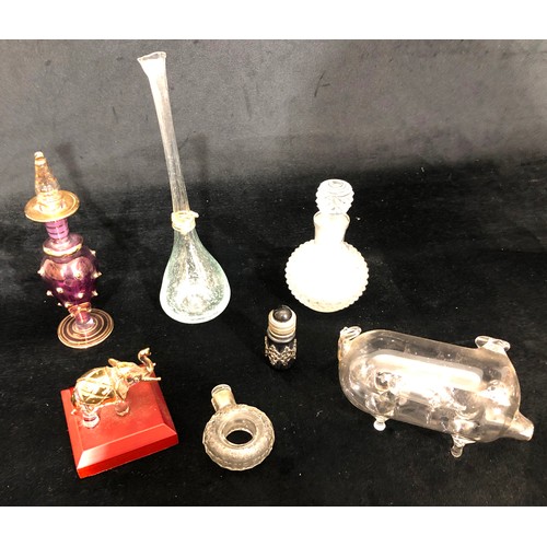 6082 - 4 various scent bottles, a glass pig with smaller pig inside, a small glass elephant and small glass... 