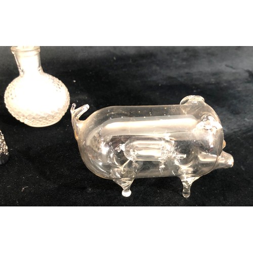 6082 - 4 various scent bottles, a glass pig with smaller pig inside, a small glass elephant and small glass... 