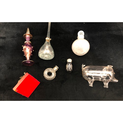 6082 - 4 various scent bottles, a glass pig with smaller pig inside, a small glass elephant and small glass... 