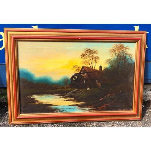 6095 - An oil painting depicting river landscape and mill, 39.5 x 24cm, indistinctly signed, in gilt frame.