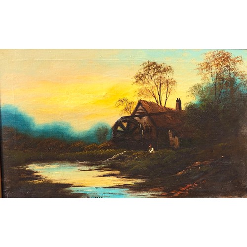 6095 - An oil painting depicting river landscape and mill, 39.5 x 24cm, indistinctly signed, in gilt frame.