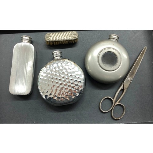 6081 - 3 small hip flasks, 1 labelled English Pewter, Sheffield, a miniature brush and a pair of scissors. ... 